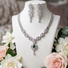 Silver-Toned Necklace Set with Gemstone Drop & Dangling Earrings