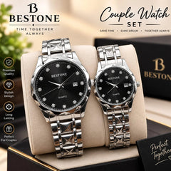 BESTONE Stainless Steel Diamond Marker Couple Watch Set