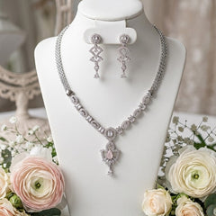 Silver-Toned Necklace Set with Gemstone Drop & Dangling Earrings