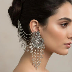 Silver Pearl Chandbali Earrings with Ear Chain