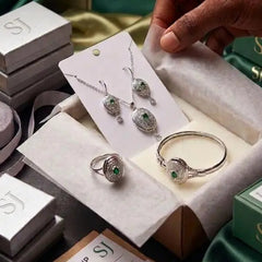 The Empress Emerald Filigree Collection – 4-Piece Silver Jewelry Set