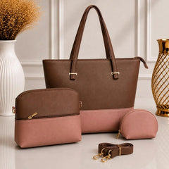 Dual Tone Leather Shoulder Tote Bag - 3 Piece Set
