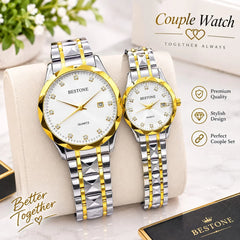 BESTONE Stainless Steel Diamond Marker Couple Watch Set