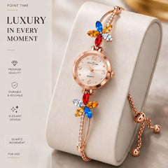 Point Time Floral Crystal Bracelet Quartz Watch for Women