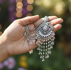 Silver Pearl Chandbali Earrings with Ear Chain