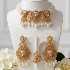 Elegant Gold Plated Pearl Choker Jewelry Set