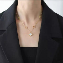 Gold-Plated Stainless Steel Four-Leaf Clover Necklace With Shell Pendant