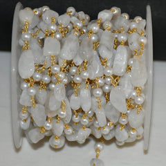 White Pearl & Natural White Rainbow Oval Beads Chain Permanent Bracelet