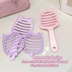 Cute Cat-Eared Hollow Out Detangling Hair Brush with Removable Base -Each