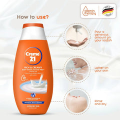 Crème 21 Rich & Creamy Moisturising Body wash,With Vit E & Almond Oil,Sulphate Free - 250ml