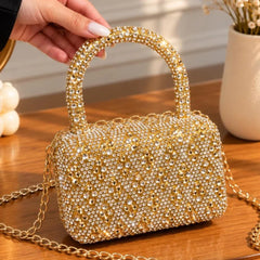 Pearl & Rhinestone Embellished Top Handle Evening Box Clutch
