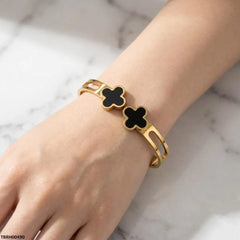 Gold Double Clover Black Open Cutout Bangle Bracelet