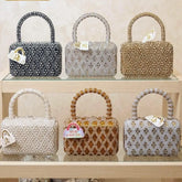 Pearl & Rhinestone Embellished Top Handle Evening Box Clutch