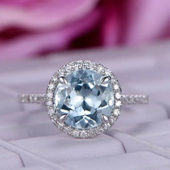 Round Aquamarine Halo Ring with Diamond Accents