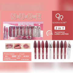 Qoiden Rose 3 in 1 Matte Lipgloss - 12 Pcs Set