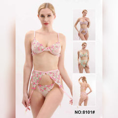Floral Embroidered Sheer Lingerie Set with Garter Belt – Style 8101