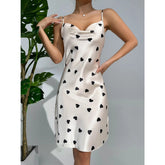 Heart Print Draped Collar Satin Cami Nightdress
