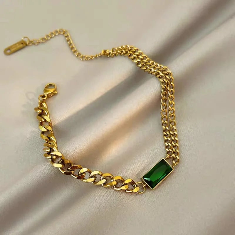 Stainless steel Green Square Charm Bracelet  - Each