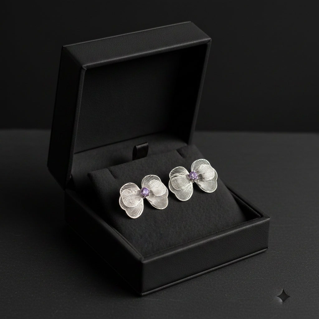 Ethereal Botanical Earrings - Brushed Silver and Amethyst - Each Pair