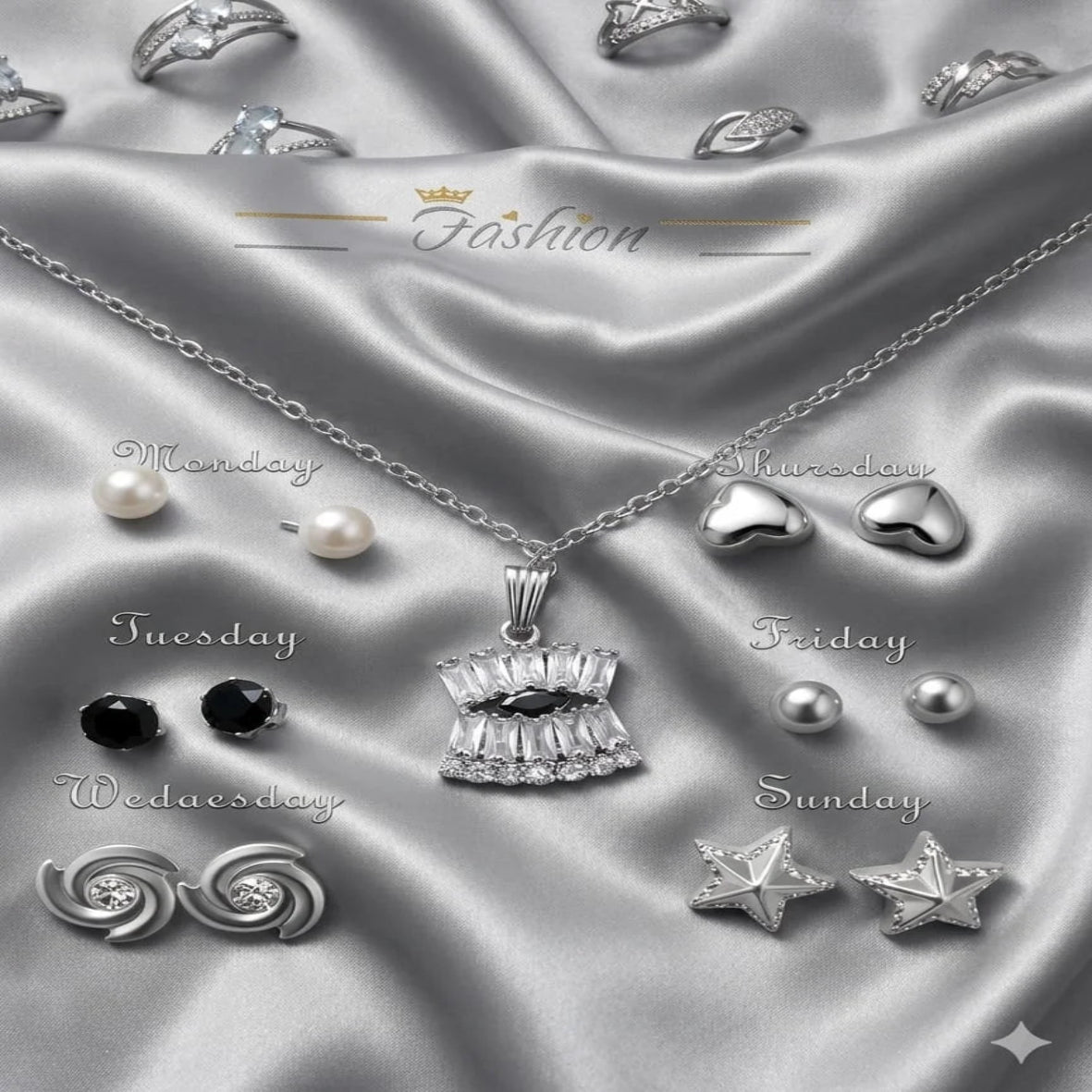 Seven Days of the Week jewelry gift set with necklace and matching stud earrings