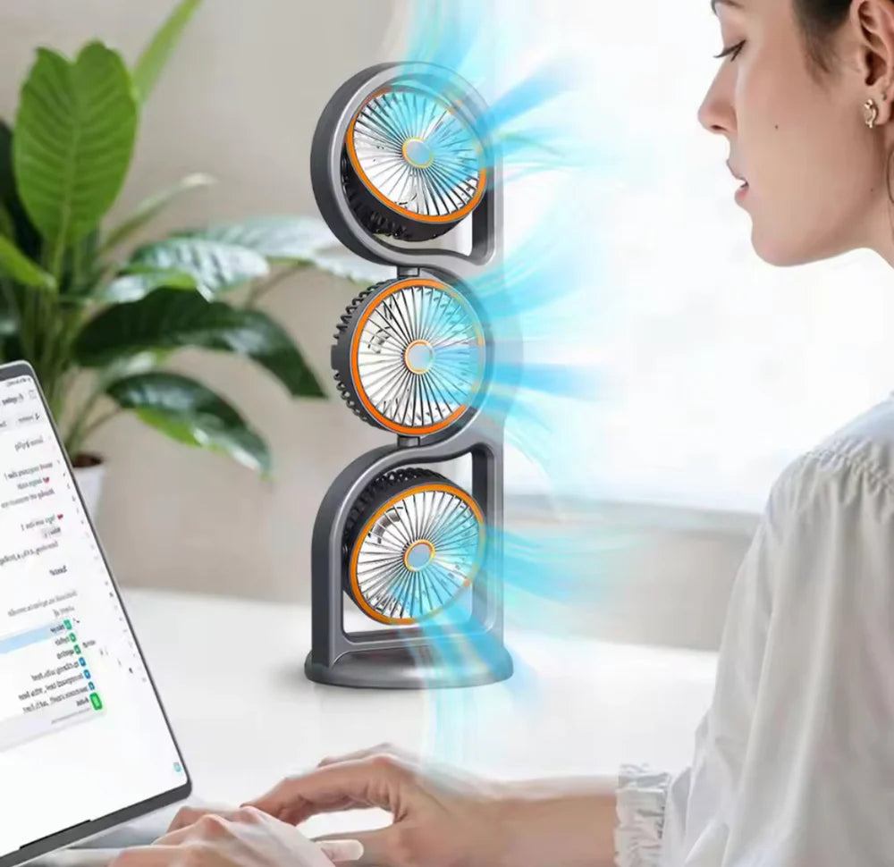 360° Circulation Three Head Table Fan - Rechargeable 5 Speed Wind Desktop Fan