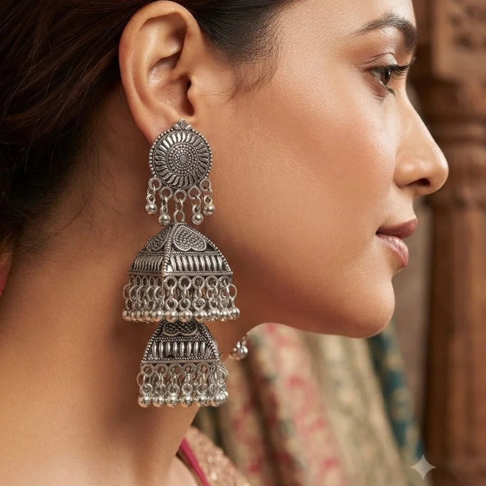 Oxidized Silver Double Square Jhumkas