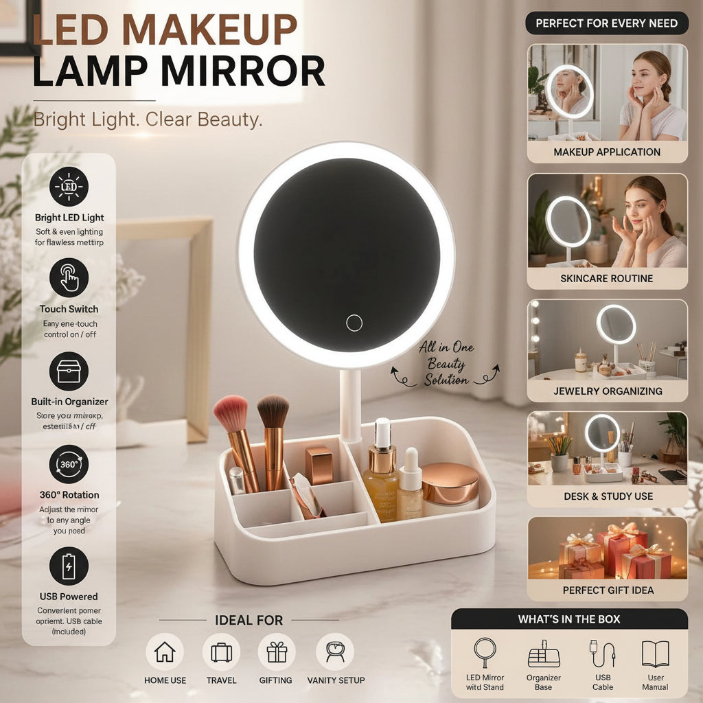 LED Makeup Lamp Mirror with Built-in Organizer Base – Each