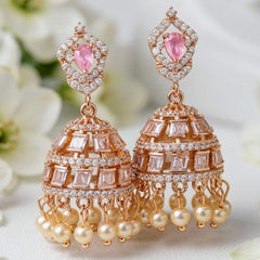 Elegant Gold-Plated Jhumka Earrings with White Zircon & Pearl Drops