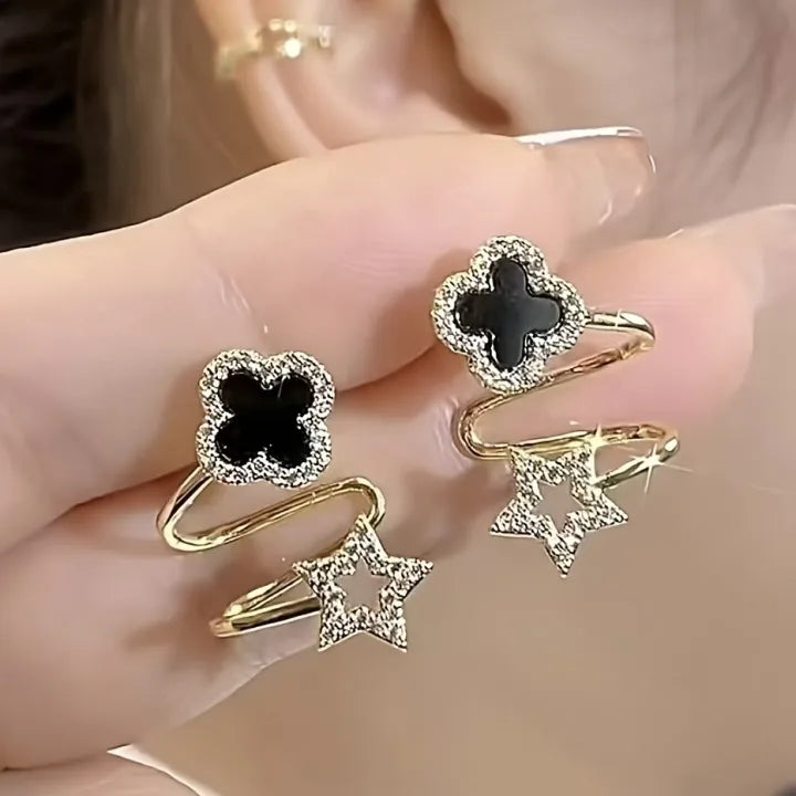 Elegant & Cute Black Four Leaf Flower Stud Earring