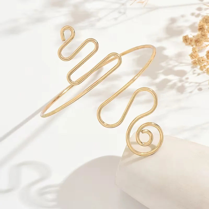Stainless Steel spiral and wavy-line open arm cuff - Each