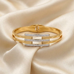 Stainless Steel Triple-Bar Bangle Bracelet with Cubic Zirconia Stones