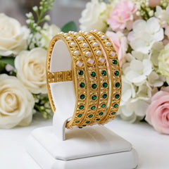Stainless Steel Artisanal Heritage Bangle Set - Emerald and Gold - Each