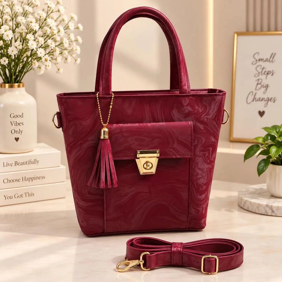 Marble Print Flap Pocket Top Handle Tote Bag with Tassel & Strap