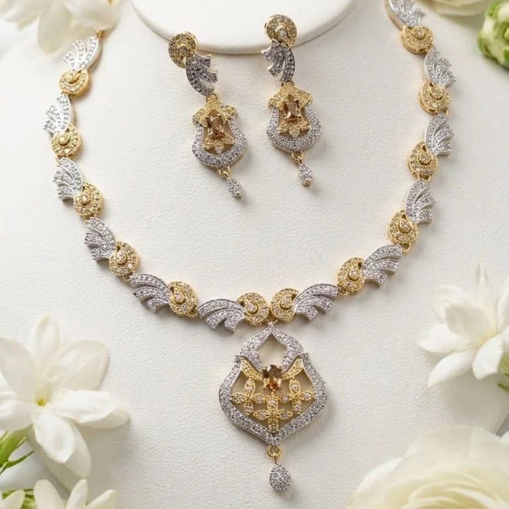 Two-Tone Artificial Zircon Necklace and Earring Set