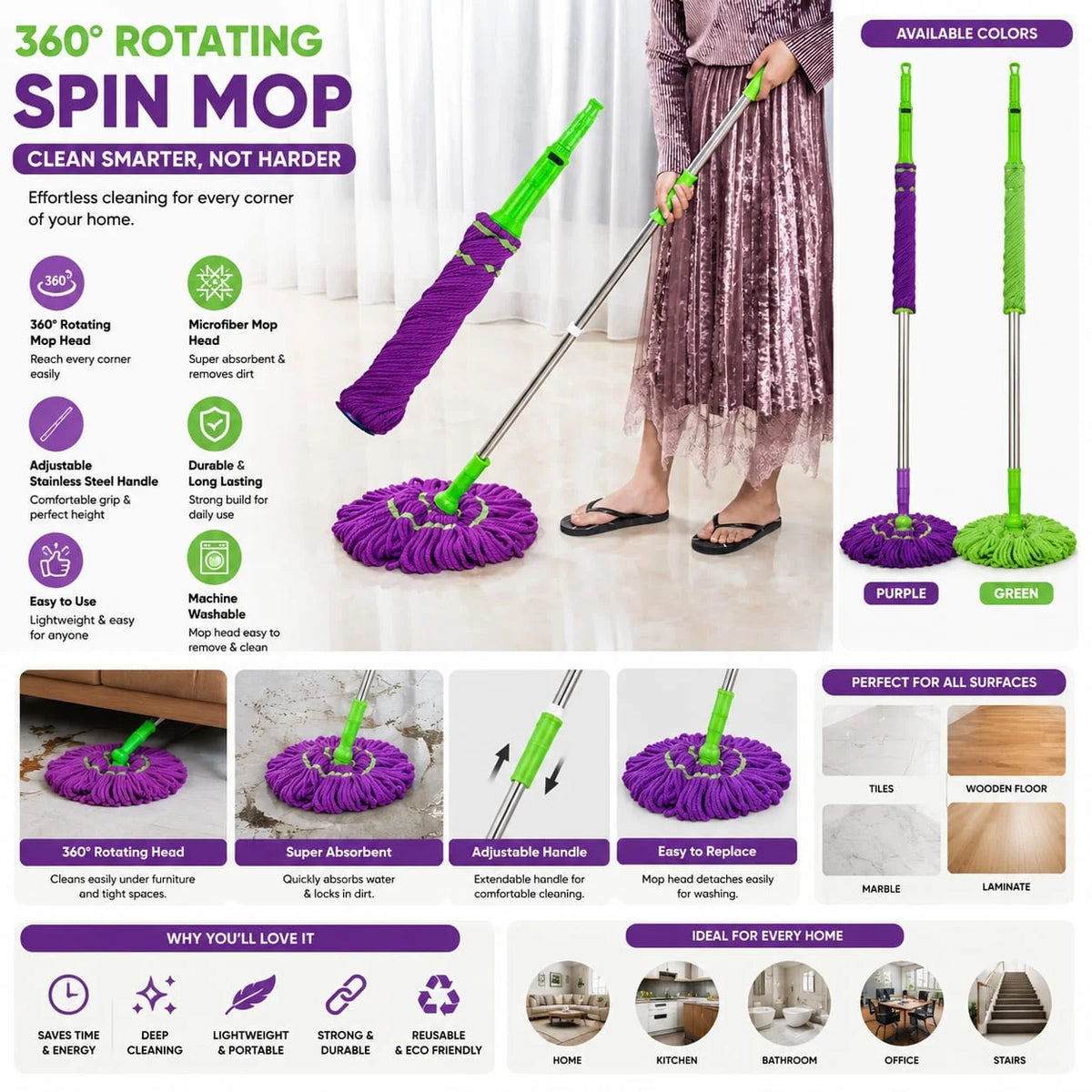Self-Wringing Twist Mop with Extendable Stainless Steel Handle for Multi-Use Home Cleaning-Each