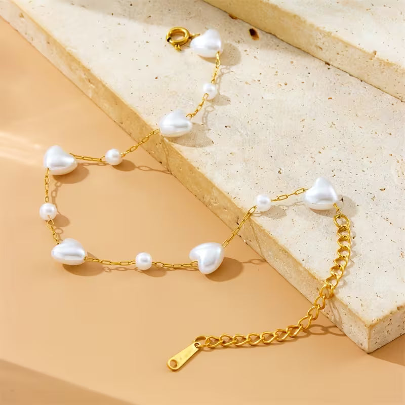 Stainless Steel Heart-Shaped Imitation Pearl Bracelet - Each