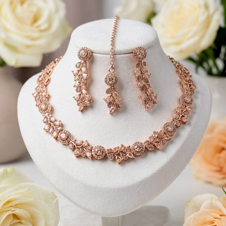 Elegant  Cubic Zirconia Leaf Design Jewelry Set
