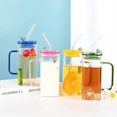Square Glass Cups with Lids and Straws