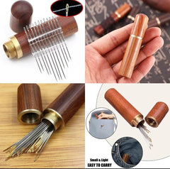 Easygo self-threading sewing needles with a wooden storage case