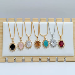 Oval Stone Crystal Halo Pendant Necklace - Each