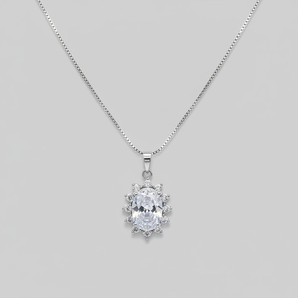 Oval Stone Crystal Halo Pendant Necklace - Each