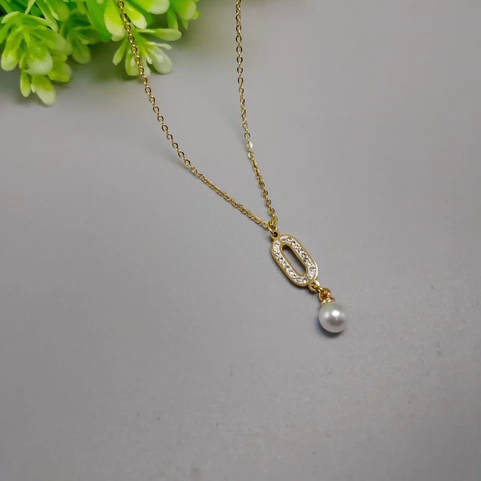 Stainless Steel Golden Chain With White Pearl