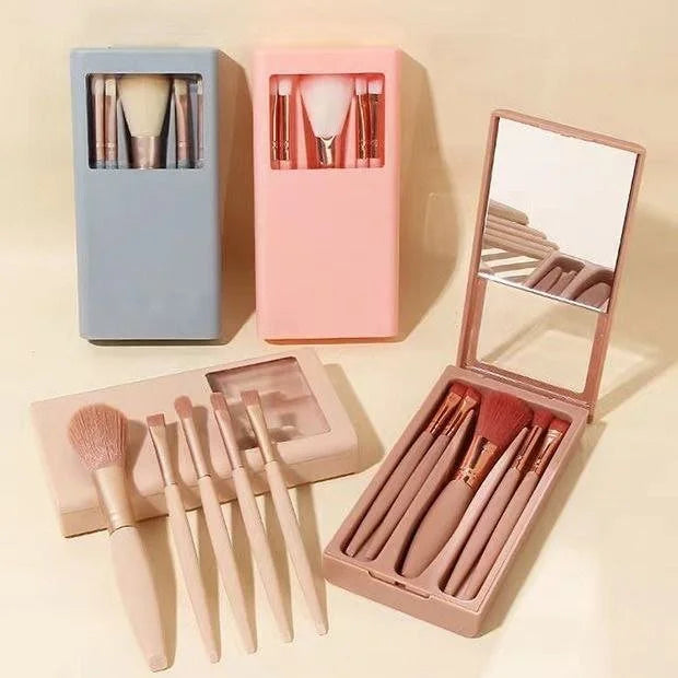 5 Pcs Mini Makeup Brush Set with Mirror & Protective Case