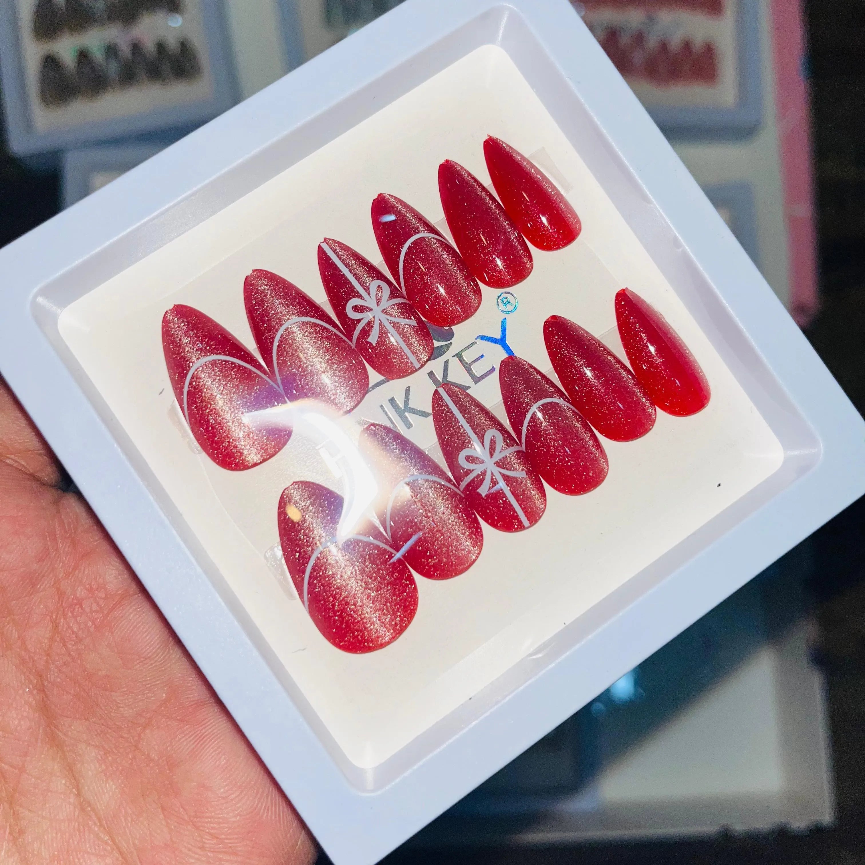 Pink key Stylish Cute Bow Salon Look Artifical Nails With Free Stickers (12 Pcs)