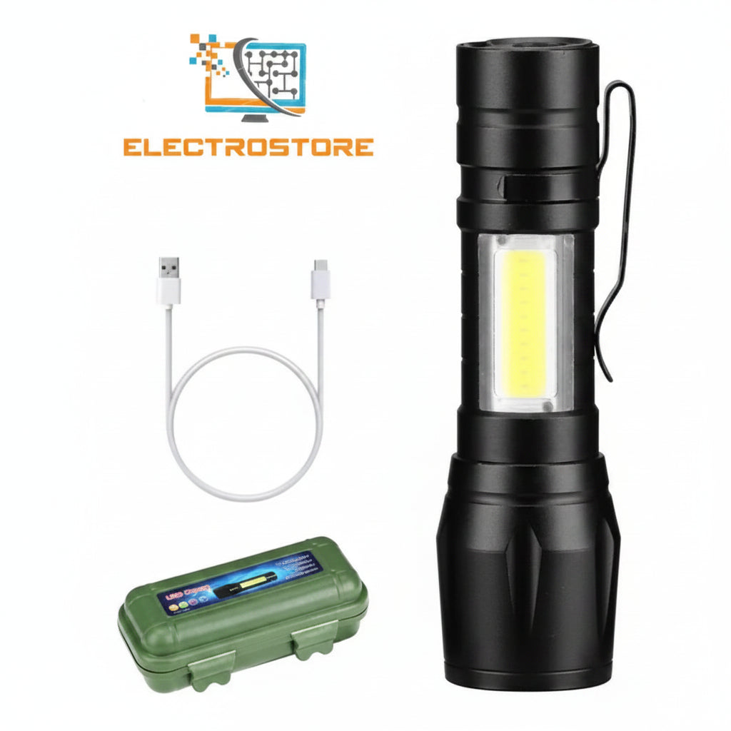 Zoomable Rechargeable LED Torch Light with Micro USB Cable & Storage Case
