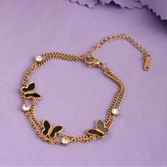 Stainless Steel Double Layer Black Butterfly Charm Bracelet - Each