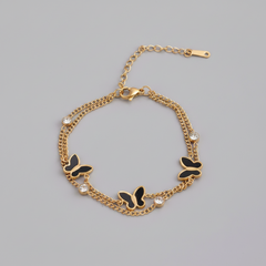 Stainless Steel Double Layer Black Butterfly Charm Bracelet - Each