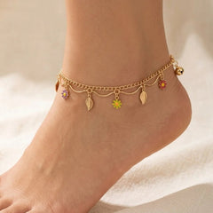 Stainless Steel Double layered colorful flower and leaf charms anklet