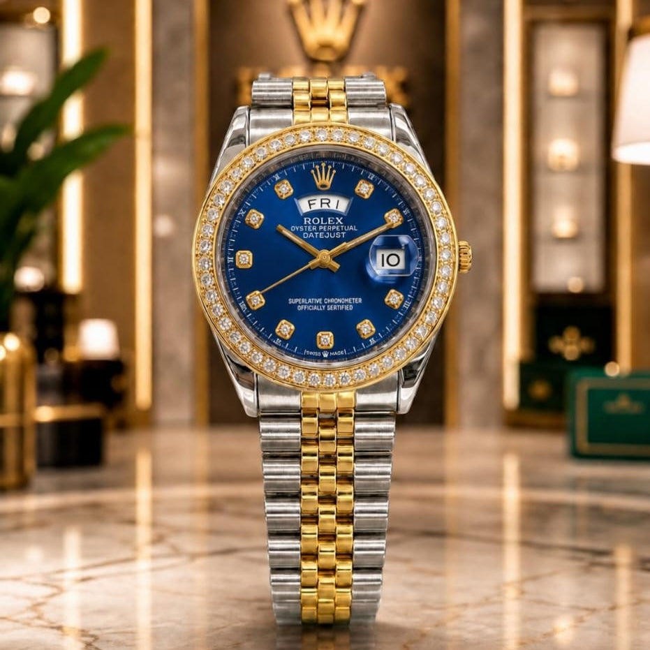 Rolex Men's Luxury Watch – Stainless Steel Chain, Stone Dial & Working Day-Date Display