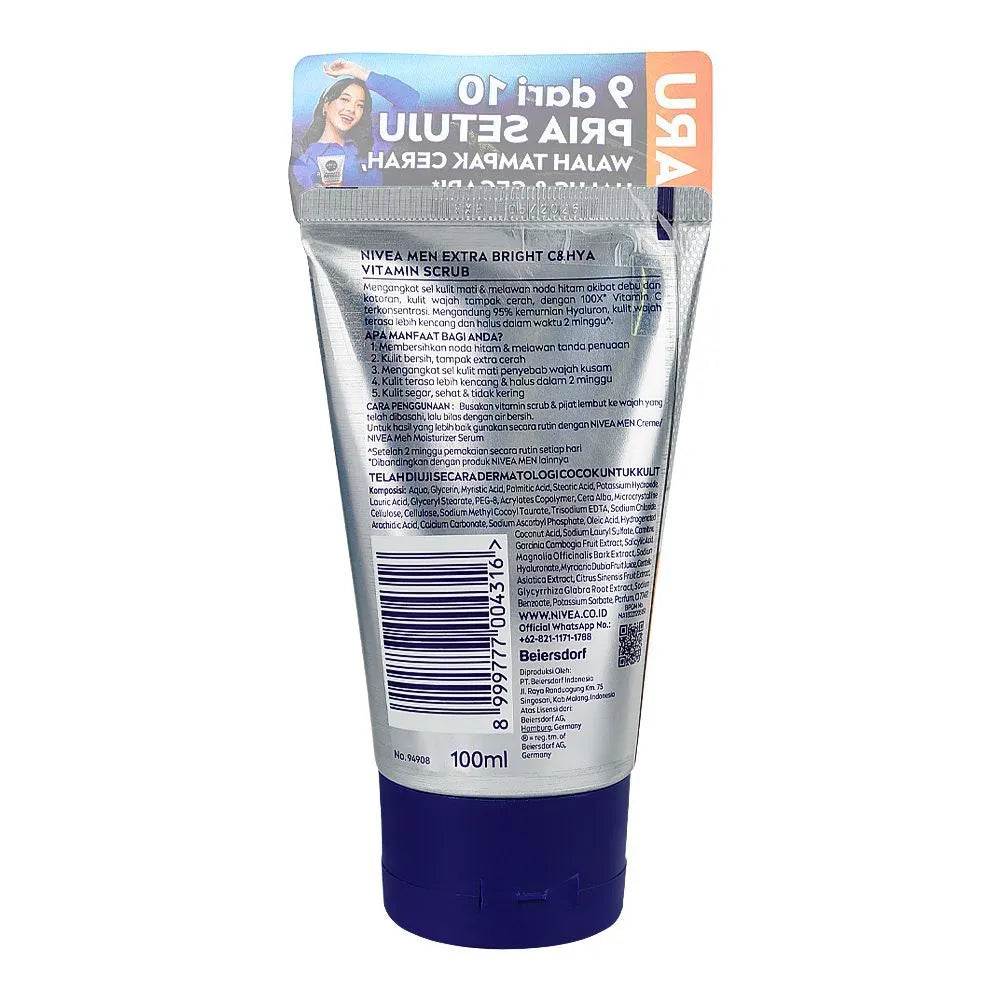 Nivea Men Extra Bright Vitamin-C & HYA Scrub - 100ml